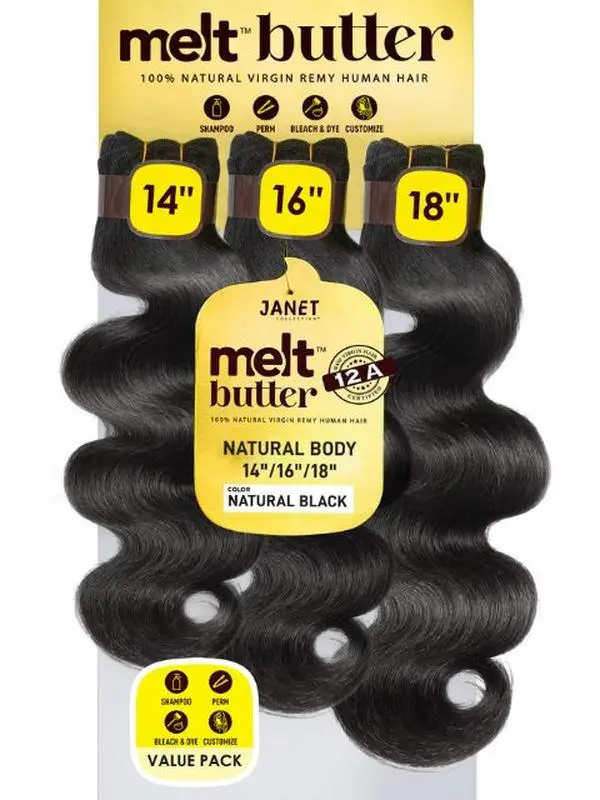 Janet Collection melt butter 12A 100% Natural Virgin Remy Human Hair NATURAL BODY 3PCS Value Pack