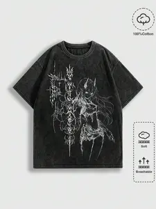 ROMWE MEN Goth Summer Casual Graphic Men'S Anime Washed Round Neck Short Sleeve T-Shirt, Fashion Summer Wear, 2000S Style