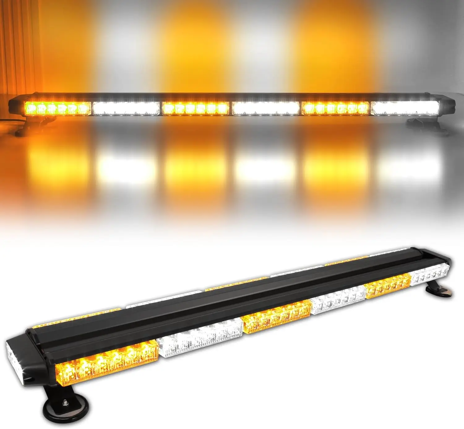 38" 78-LED Emergency Rooftop Strobe Light Bar with Aluminum Body, Magnetic Base, Double-Side Flashing for Work Trucks, Construction Vehicles (Amber/White, Amex-6l6p38-p)