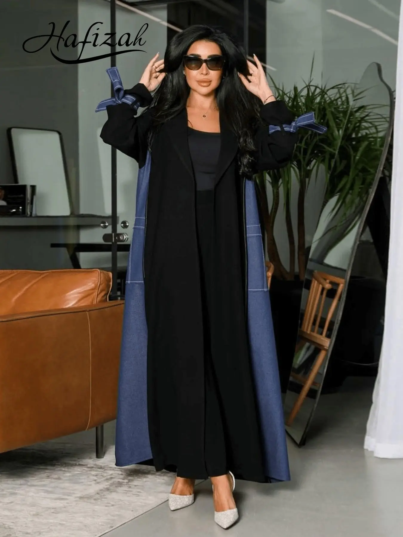 Blue Colorblock Design Denim Patchwork Summer Blazer Coat, Long Loose-Fitting Outerwear with Bow Tie Sleeves, Elegant Chic Women's Fashion Jacket Womenswear Lady