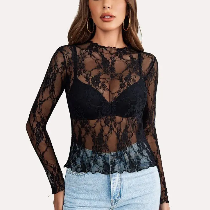 Avidlove Women's Mesh Top Long Sleeve Mock Neck Blouse Floral Lace Tops