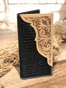 Black and Tan Western Cowboy Checkbook wallet tooled and embossed leather by Double B Wild Rags