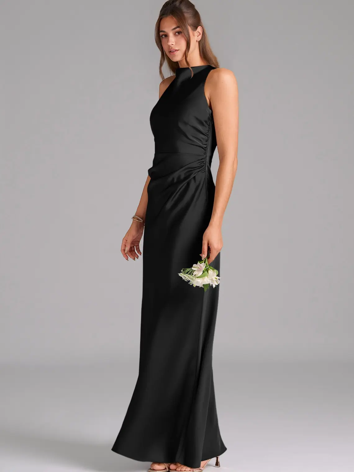 AZAZIE Evadne Women's Formal Dress - Sleeveless Pleated Stretch Satin Sheath Gown with Scoop Neck and Open Back for Black Tie Wedding Guest Parties