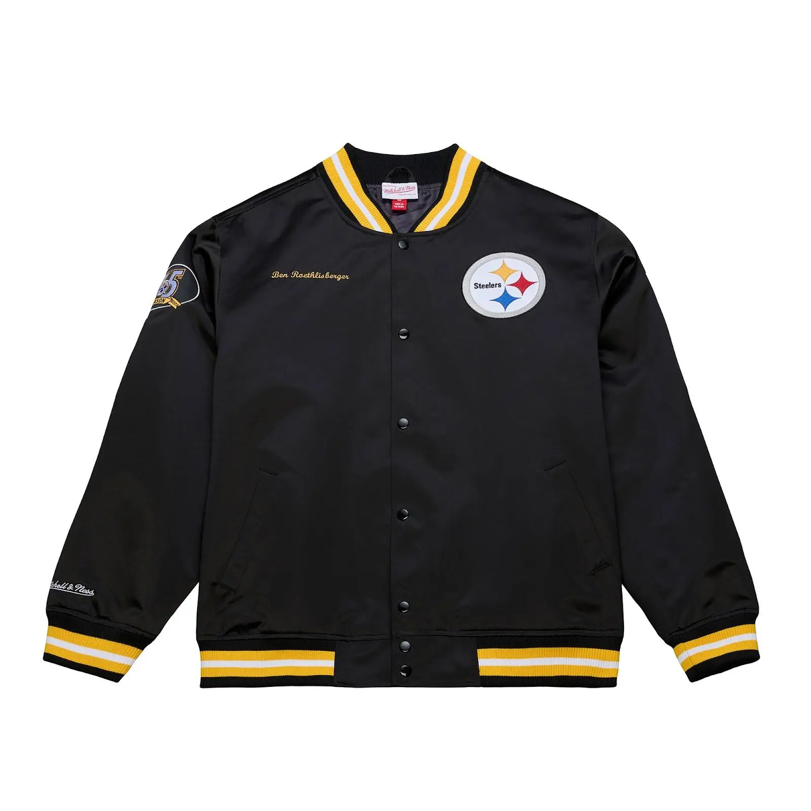 Mitchell & Ness Men's Ben Roethlisberger Pittsburgh Steelers Casual Long Sleeve Black Lightweight Satin Full-Snap Shell Coat, Menswear Outerwear