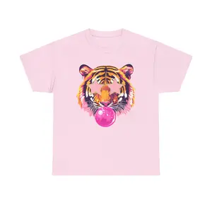 Men's Ash Ribbed Twist Festival T-Shirt - Comfortable Tiger Head Blowing Bubblegum Colorful Tee