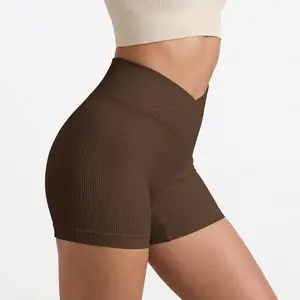 OYV Women's High Waisted Crossover Yoga Shorts Seamless Ribbed Knit Snug Fit Exercise Shorts for Athletic Wear