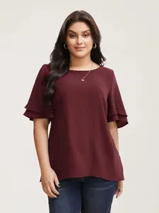【Summer Turn-Up】【Neck-Lengthening】BlOOMCHIC Plus Size Solid Tiered Ruffles Split Hem Blouse [M-6X] 2026 Summer Pick for Mother's Day Swimweek