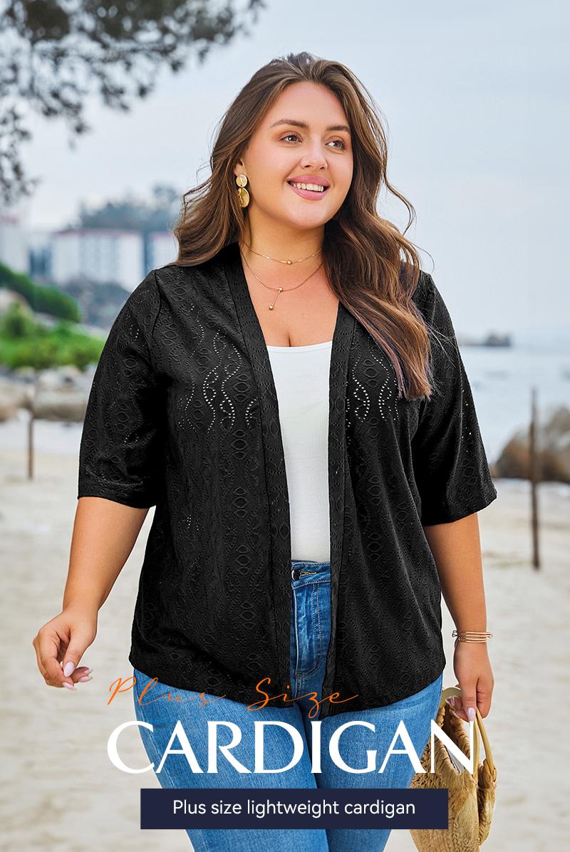 Eytino Plus Size Cardigan for Women Half Sleeve Knitted Jacquard Summer Kimono Cover up Tops(1X-5X) Eytino Plus Size Cardigan for Women Half Sleeve Knitted Jacquard Summer Kimono Cover up Tops(1X-5X)
