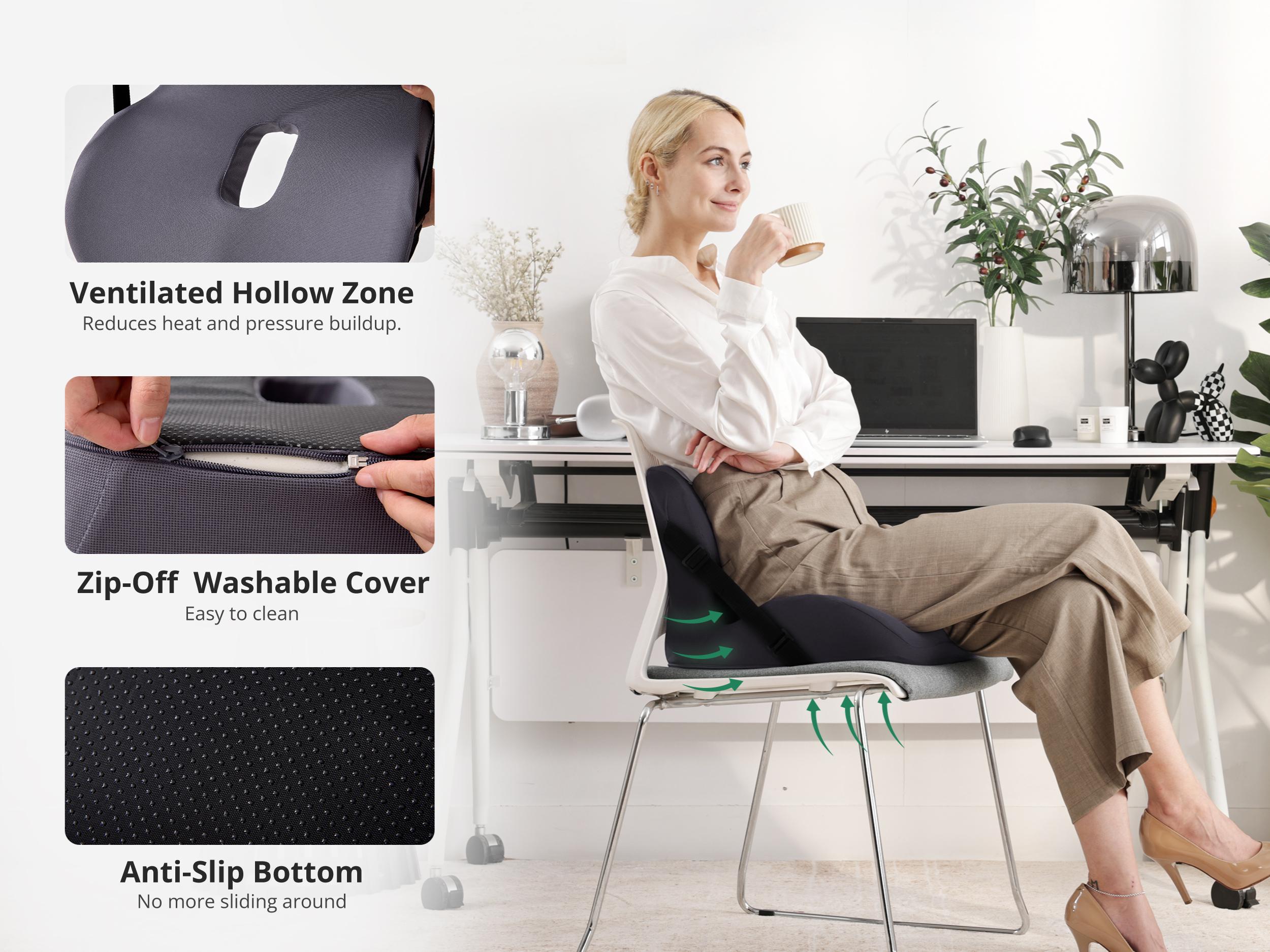 Non-Slip Memory Foam Seat Cushion with Back Support – Ergonomic, Skin-Friendly, Breathable Mesh, Washable Cover, for Office, Car, Home & Outdoor Use