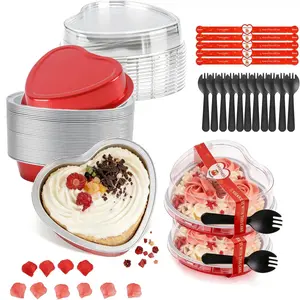 Heart Shaped Cake Pans with Lids 9oz, Disposable Aluminum Mini Heart Cake Pans for Baking, Valentine's Day Dessert Cups, To Go Containers for Parties, Weddings, Birthdays, Home Bakery