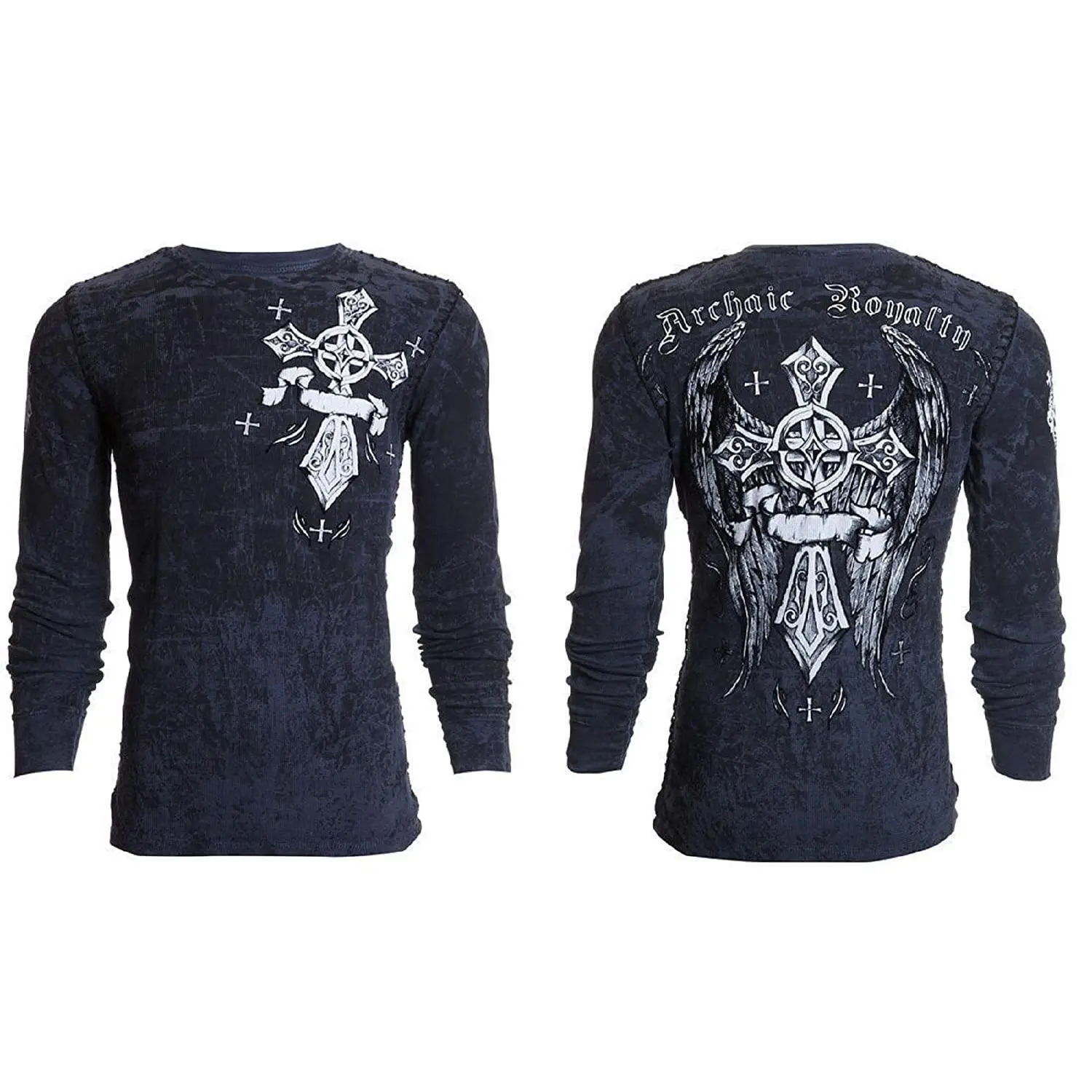 ARCHAIC by Affliction Men's Countdown Graphic Thermal Shirt, Long Sleeve 100% Cotton Crew Neck with Front & Back Print in Charcoal