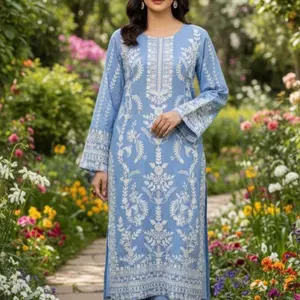 Pakistani Linen Embroidered 2 Piece Collection Shirt and Trouser Set White Embroidery Elegant Dress  Womenswear with long  Sleeves