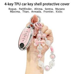 [ Side Diamonds ] 4 Buttons TPU Car Key Case Cover Shell Fob for Nissan Rogue Pathfinder Altima Sentra Murano Maxima Titan Armada Frontier Kicks