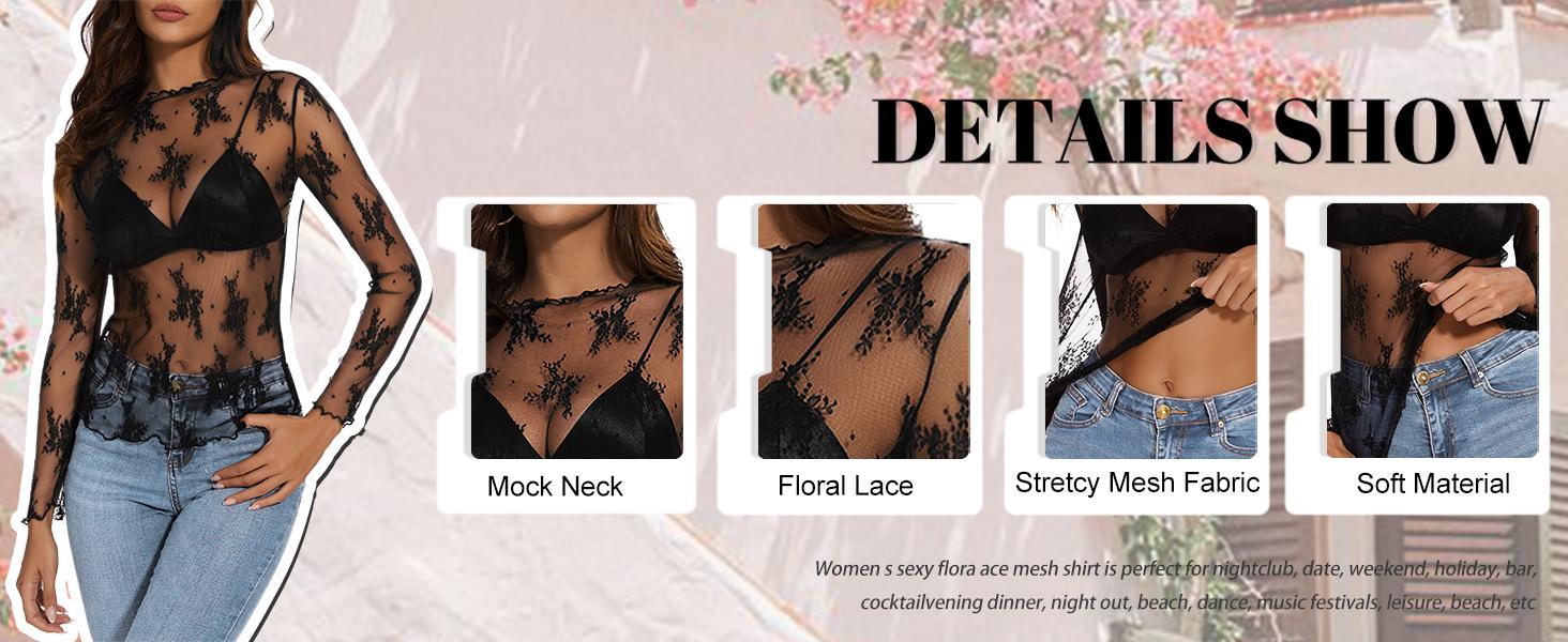 UANEO Women's Mesh Top Lace Spring Long Sleeve Floral Shirts Slim Fitted Outfits Blouse Sheer Mesh Mock Neck Summer Layering Top Womenswear Turtleneck UANEO Women's Mesh Top Lace Spring Long Sleeve Floral Shirts Slim Fitted Outfits Blouse Sheer Mesh Mock Neck Summer Layering Top Womenswear Turtleneck