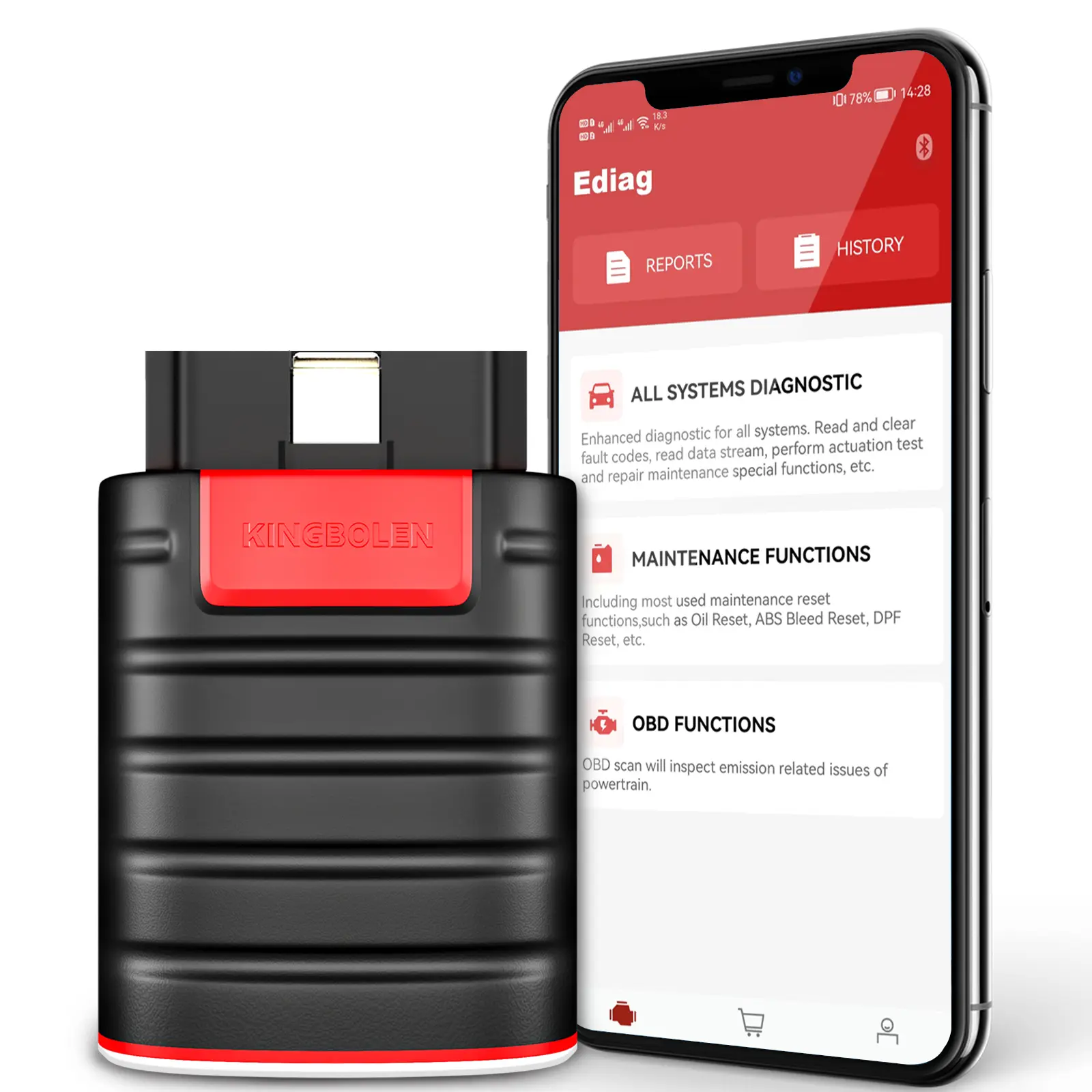 KINGBOLEN Ediag Full Function Bi-Directional OBD2 Scanner - Bluetooth 12V Vehicles Diagnostic Tool for Mazda, GM, Maintenance Technicians with ECU Coding, Active Test, 15+ Reset Functions, TPMS Reset, 1 Year Free Update for iPhone & Android