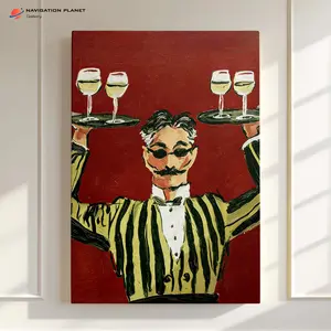 Vintage Waiter Canvas Wall Art | Wine Glasses Server Painting Print | Bar Decor, Bistro Wall Art, Speakeasy Aesthetic