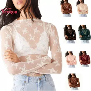 Yeokou Lace Tops for Women, Mesh Top Long Sleeve Floral Lace Blouse, Sheer Mesh Mock Neck Layering Top