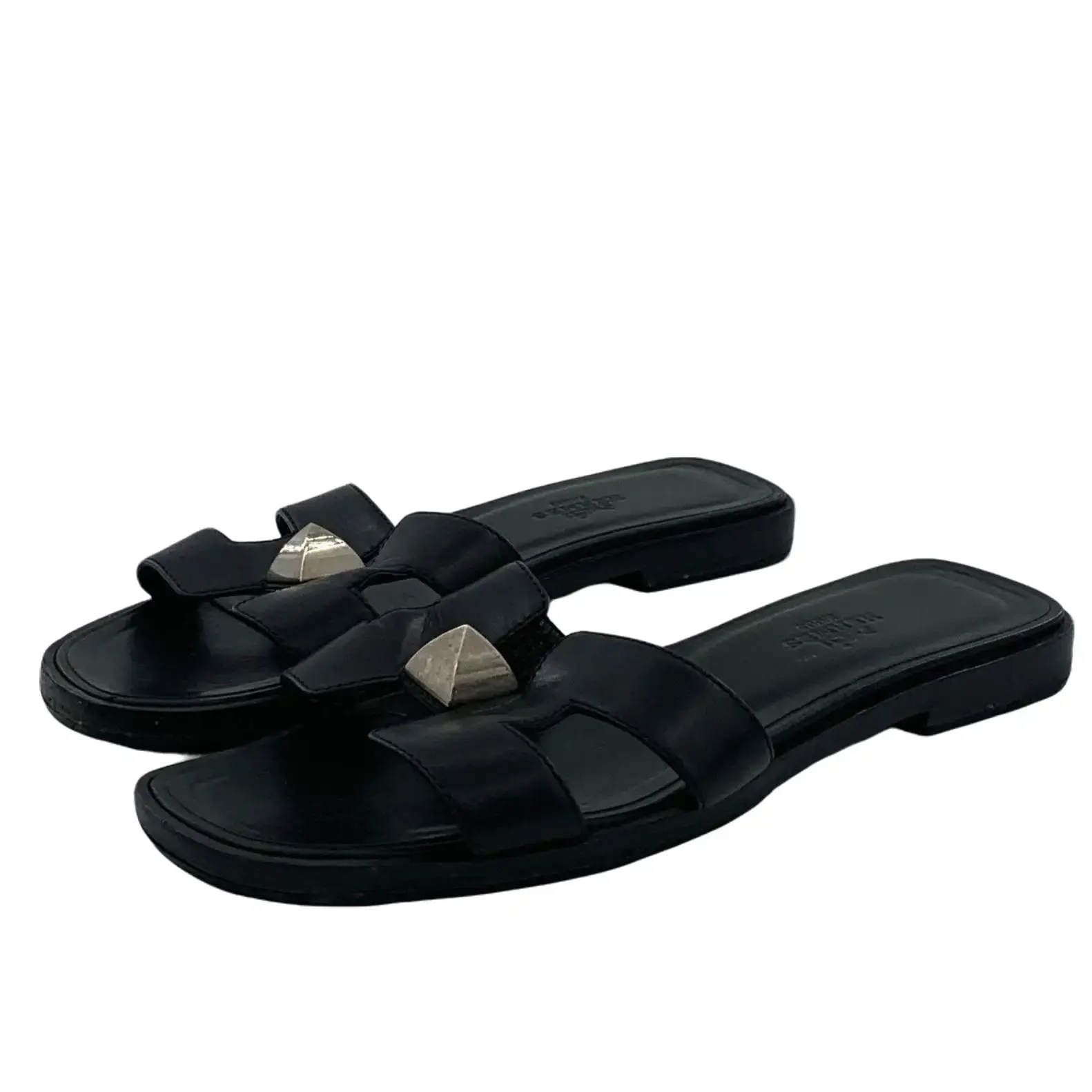 RDLT-Hermes Size 35.5 Oran Black Calfskin H‑Stud Flat One‑Strap Slides-H38102
