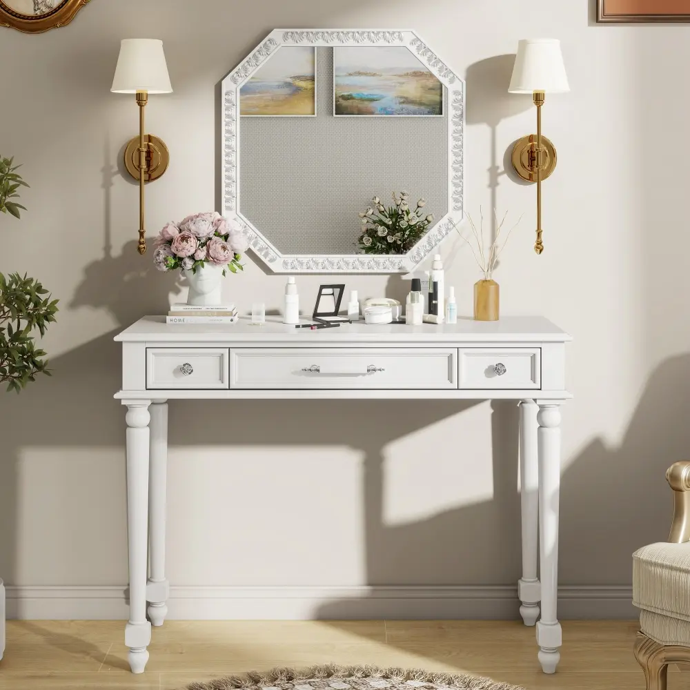 Vintage 3-Drawer Makeup Vanity - Sturdy Durable MDF & Wood Dressing Table with Octagon Frame Large Mirror, Carved Accents, Solid Legs, 39.3"l x 15.8"w x 29.8"h Storage Jewelry Organizer for Bedroom, Hallway