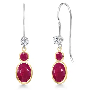 Gem Stone King 14K Two Tone Gold Red Ruby and Lab Grown Diamond Dangle Earrings for Women | 2.45 Cttw | Gemstone July Birthstone | Oval 7X5MM