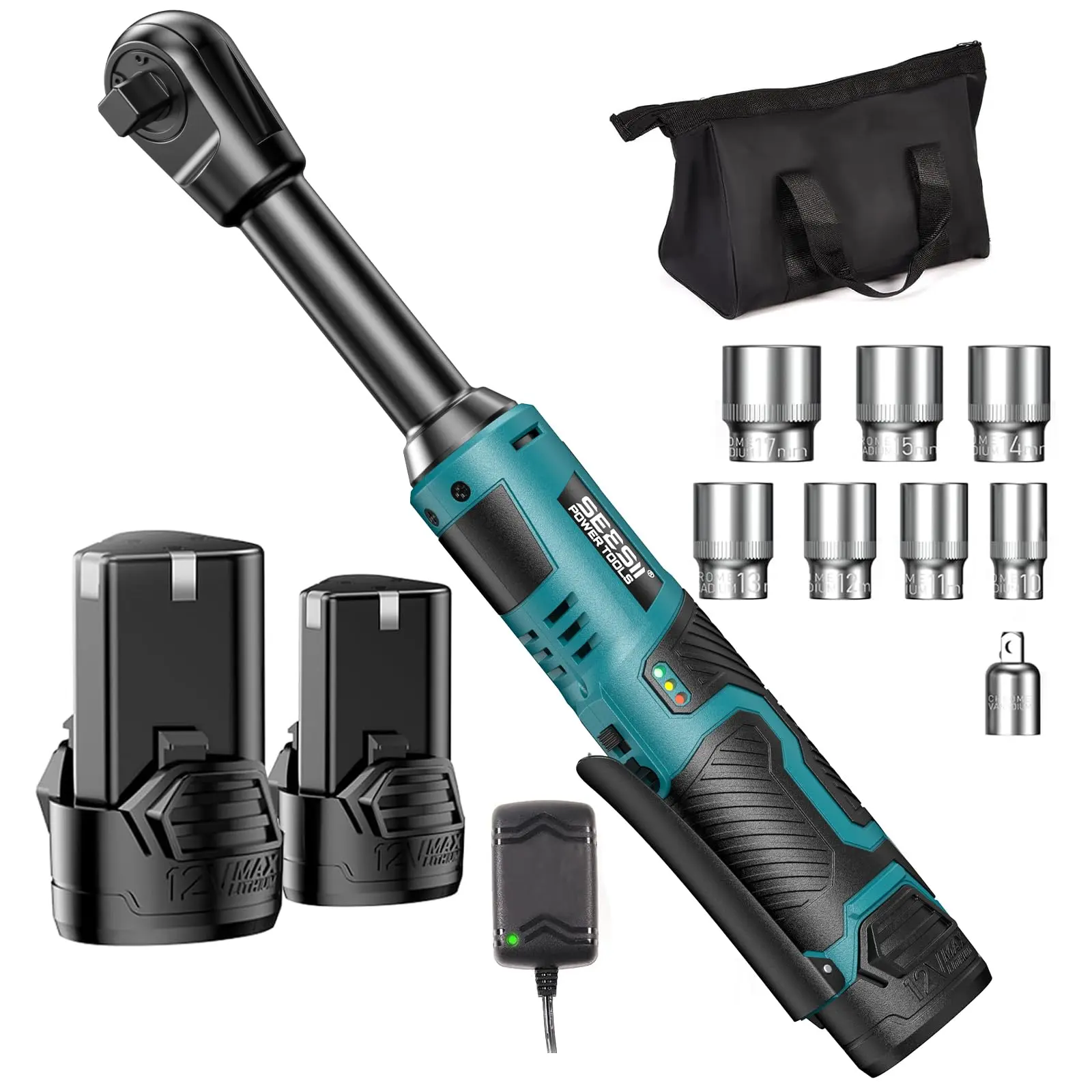 SEESII 3/8" Extended Cordless Ratchet Wrench – 40 Ft-lbs Torque, 6" Long Neck, 220RPM | 2x 2.0Ah Batteries + Fast Charger, 7 Sockets | Ideal for Car Repairs, DIY & Mechanics DealsForYouDays