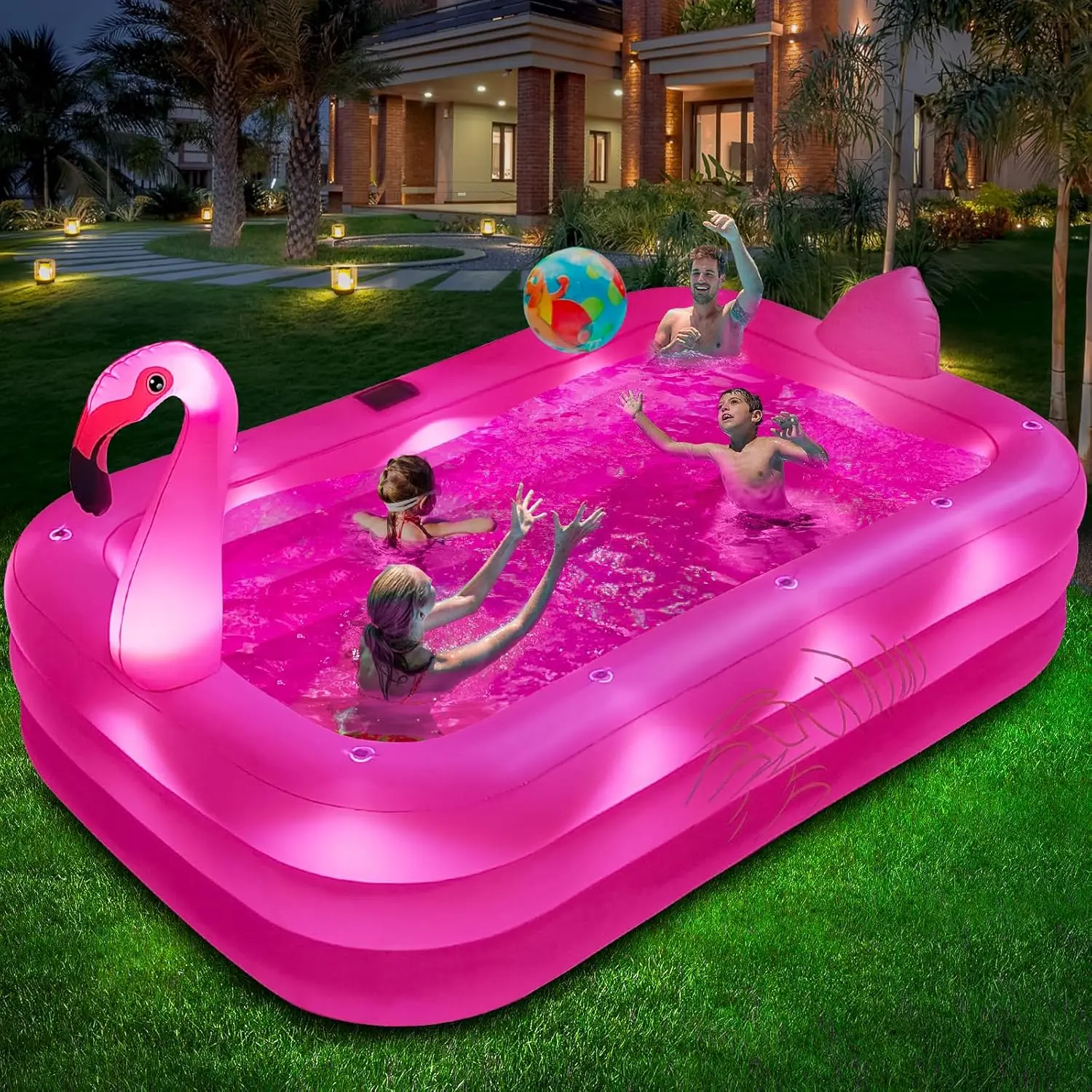 WaveHaven Inflatable Pool with Lights, Solar Flamingo Swimming Pool for Kids,Adults Inflatable Blow up Pool, Large Kiddie Pool,Durable Thickened Kids Pool for Backyard,Outdoor,100"X63"X20"-Bright Pink,#SummerVibes