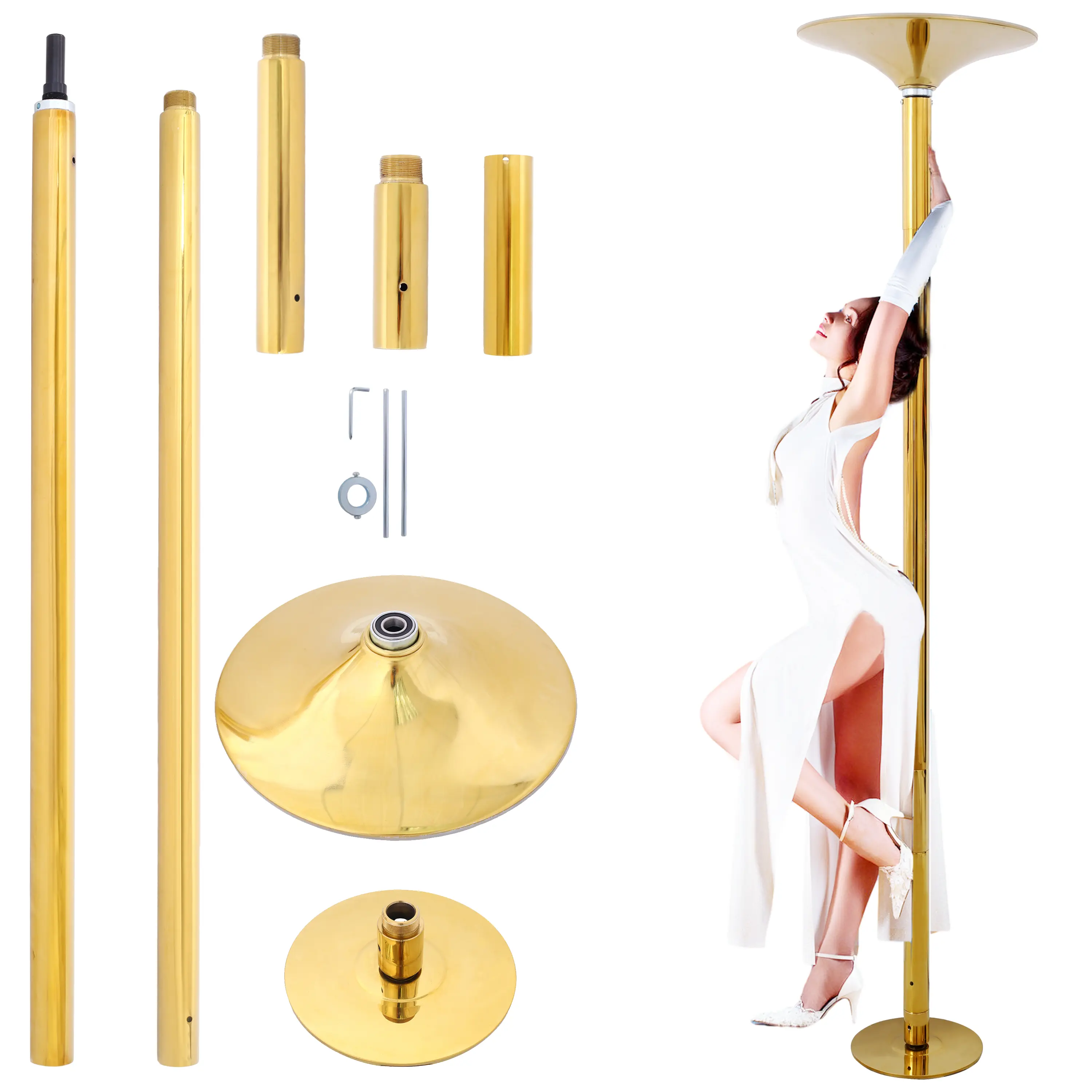 Gold Professional-Grade Rotating Static Dance Pole - Height Adjustable 86.2-109.8in, Thick Rubber Strong Grip, 440lbs Weight Capacity, Suitable for Fitness Centers, Bars