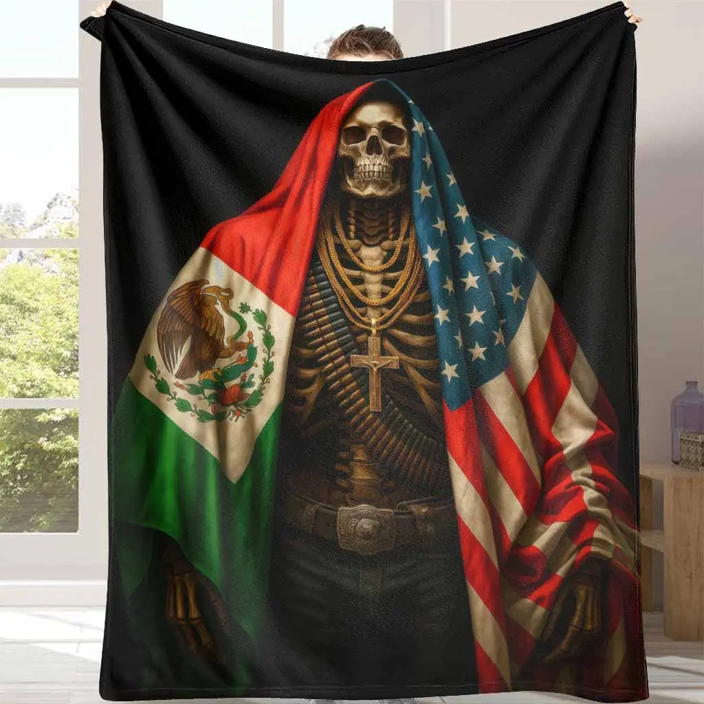 【Summer Sale Deals】Skeleton Patriotic Print Flannel Blanket with USA-Mexico Flag, Wrinkle Resistant, Stain Resistant, Soft, Cozy, Lightweight, Breathable, Durable, Anti-Pilling, Machine Washable, Multi-Size for Adults, Ideal for Holiday, Home & Travel, Tr