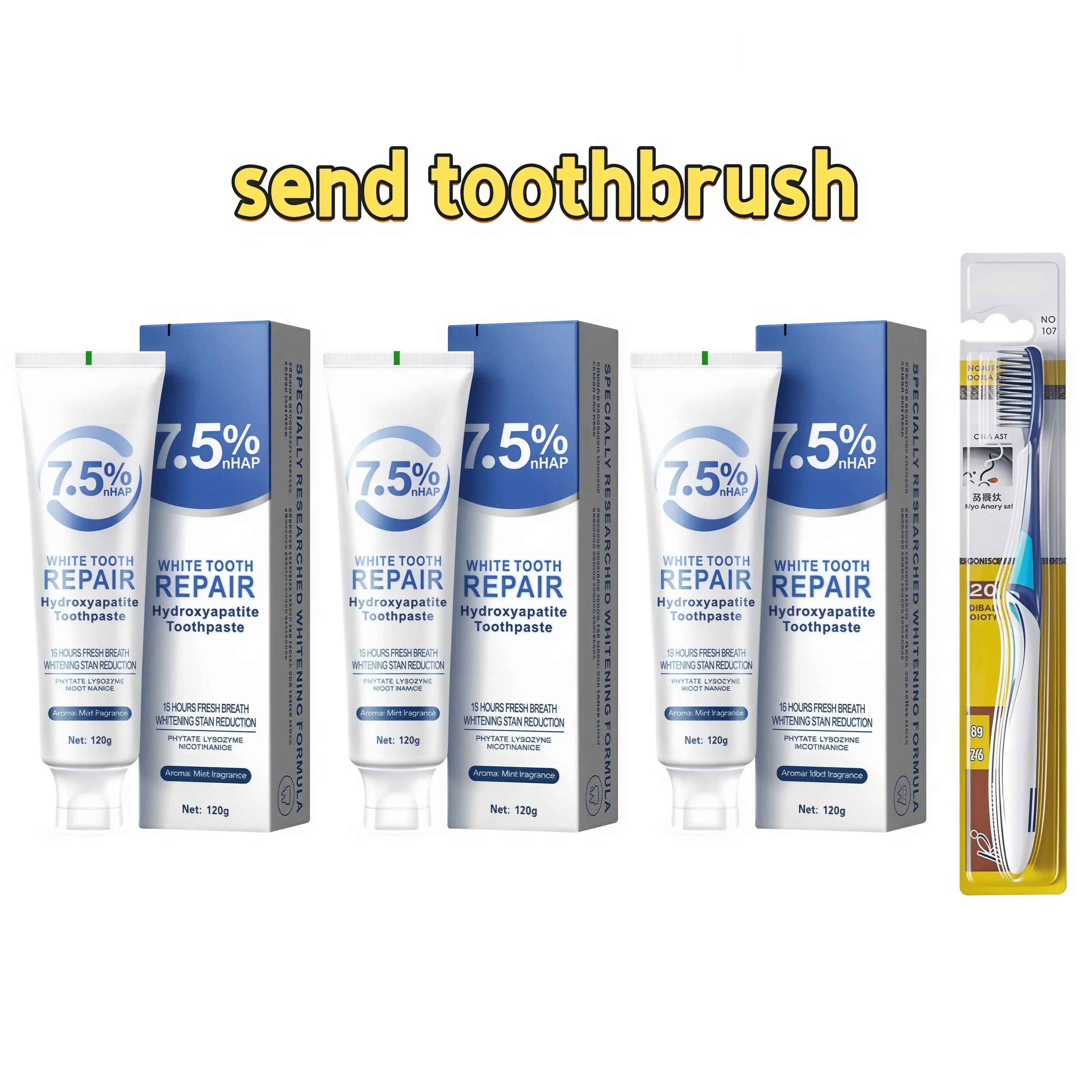 3pcs 7.5% Nano Hydroxyapatite Toothpaste - Non-Fluoride, Dental, Oral Freshening, Fresh Breath, Hydroxy Toothpastes, Teeth Brightening, Includes Toothbrush, Ideal Women's Gift, Home & Travel Use, Daily Oral Care Essential, Dental Toothpastes, Oral Freshen