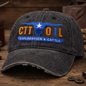 CTT Oil Exploration & Cattle Hat, Western Ranch Cap, Texas Longhorn Oilfield Dad Hat, Workwear Trucker Style Cap, Cowboy Rancher Gift