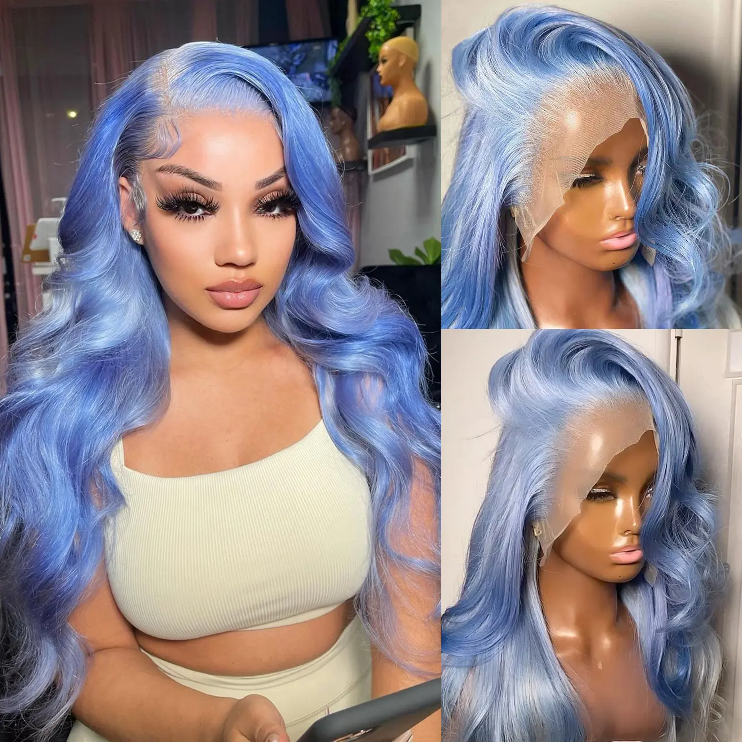 MSCICI 12A Grade 13x4 UHD Lace Front Wig for Black Females, Smooth Virgin Human Hair Lake Blue-Mint Green Body Wave, 200 Density, Pre-Plucked Cut Glueless Cap, 3-comb Fit Hold, Adjustable, Silky Straight Option, Anime Cos Wig