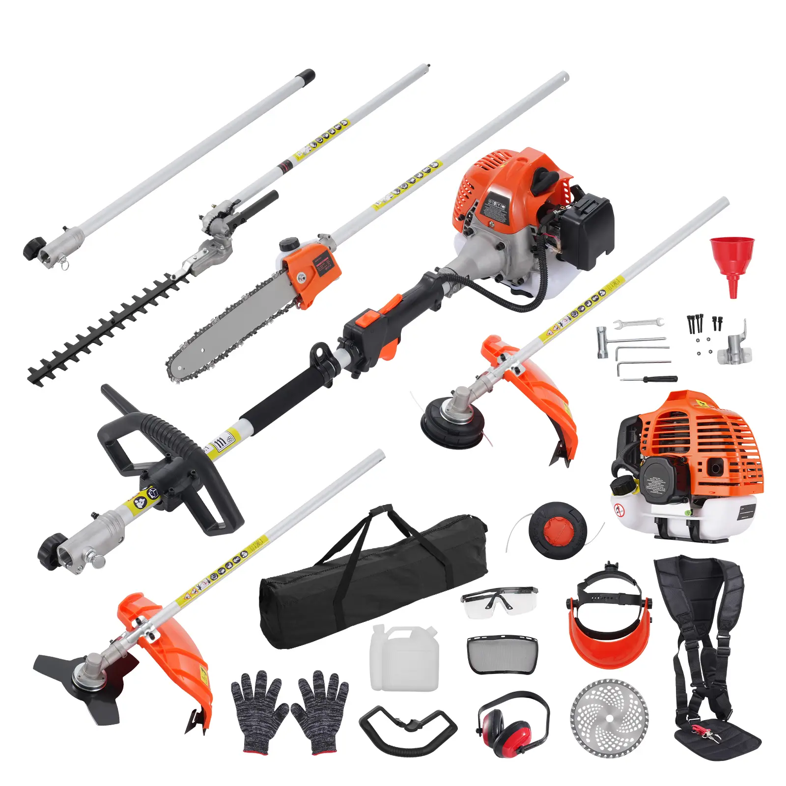 26CC-52CC 6-in-1 Multi-Functional Trimming Tools, Gas Hedge Trimmer, Weed Eater, String Trimmer, Brush Cutter, Edger, Pole Saw Chainsaw Pruner with Extension Pole