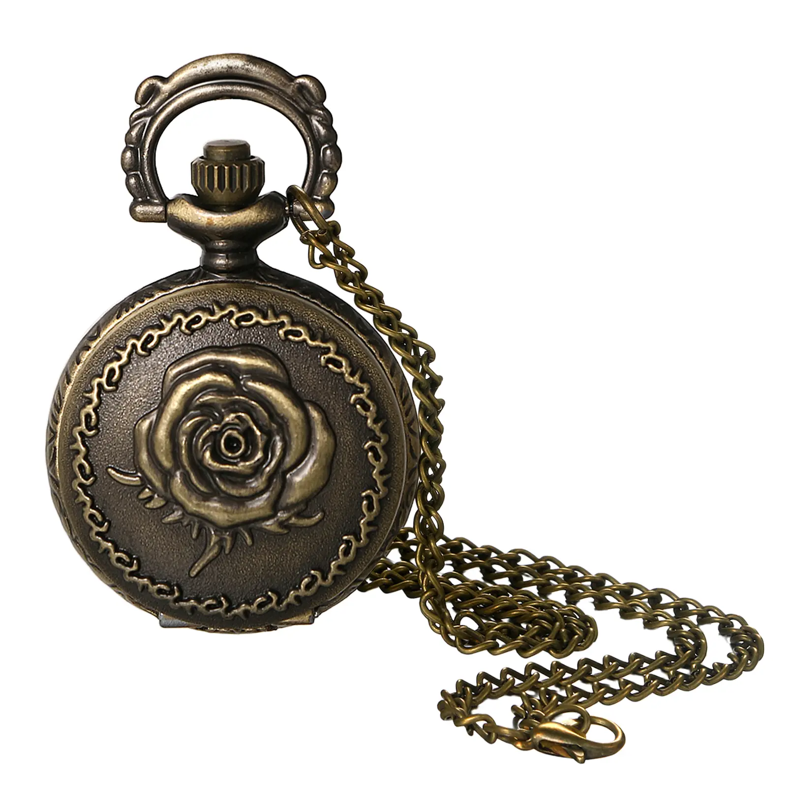 Women's Vintage Pocket Watch - Small Rose Embossed Pendant Necklace Quartz Analog Fob Watches with 30.7 Inch Chain summerwins