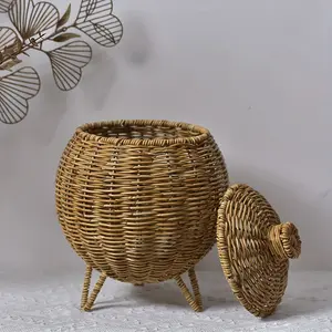 Elegant Hand-Woven Imitation Rattan Basket with Lid - Decorative Oval Pumpkin Design for Plant and Sundries Storage, Perfect for Desktop or Shelf Display, Natural Color, Plant Decor, Shelf Baskets