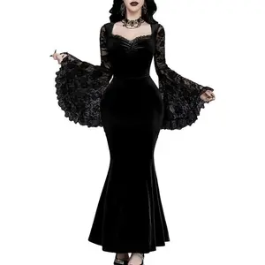 Women Gothic Sexy Lace Patchwork Sleeve Fishtail Velvet Goth Dress Without Choker & Umbrella