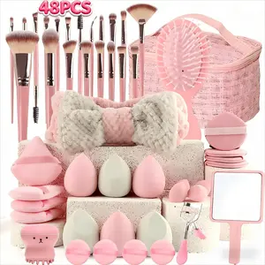 48Pcs Makeup Tool Set,Pink Makeup Brushes Set with Bag Sponge & Headband & Brush Cleaning Bowl & Puff& & Wristband Face Eye Make up Brushes & Tools for Women, Cosmetic