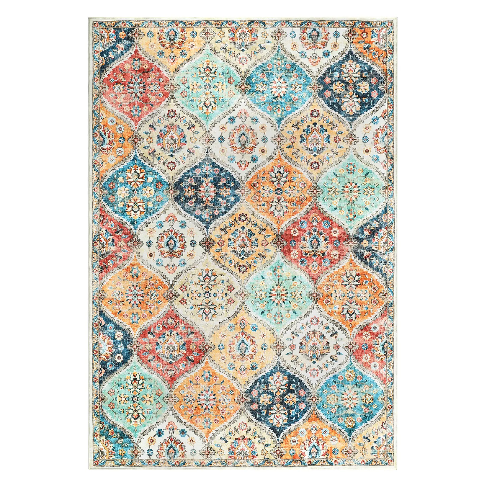 Vintage Floral Area Rug, 8x10 ft Orange Low-Pile Non-Slip Machine Washable Stain Resistant Floor Cover for Living Room, Bedroom Home Decor Throw Carpet, Floral Area Rugs, Machine Washable Rugs