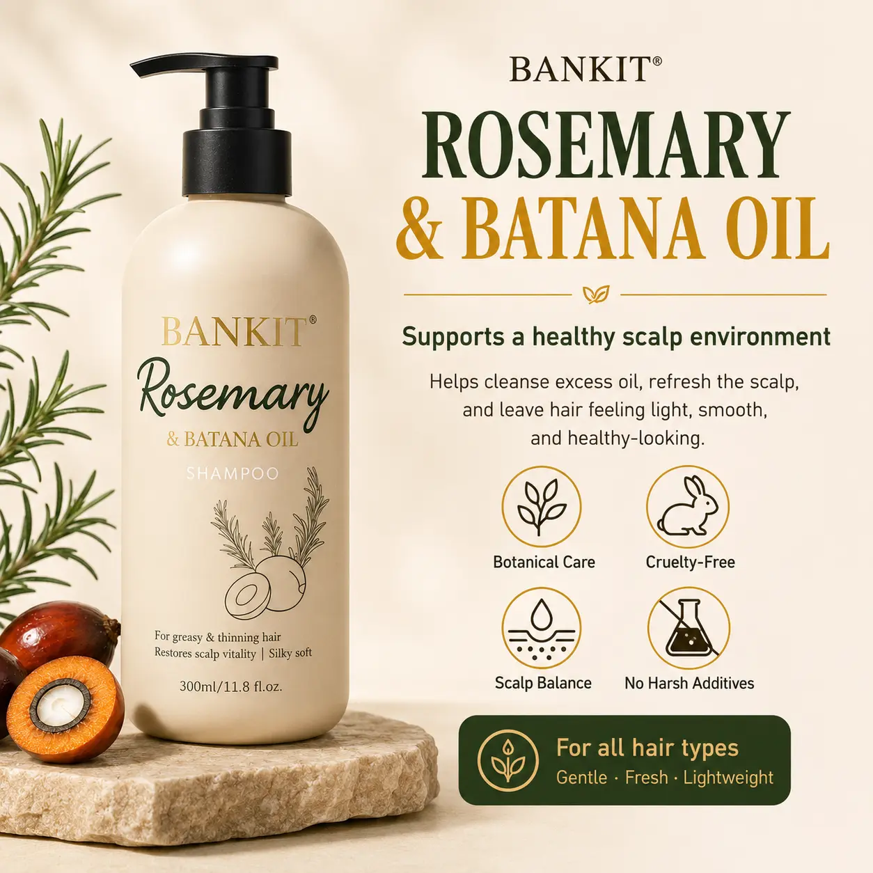 BANKIT Rosemary & Batana Oil Hair Growth Shampoo | Helps Reduce Oily Scalp & Dandruff, Soothe Scalp Irritation & Restore Smooth, Healthy Shine