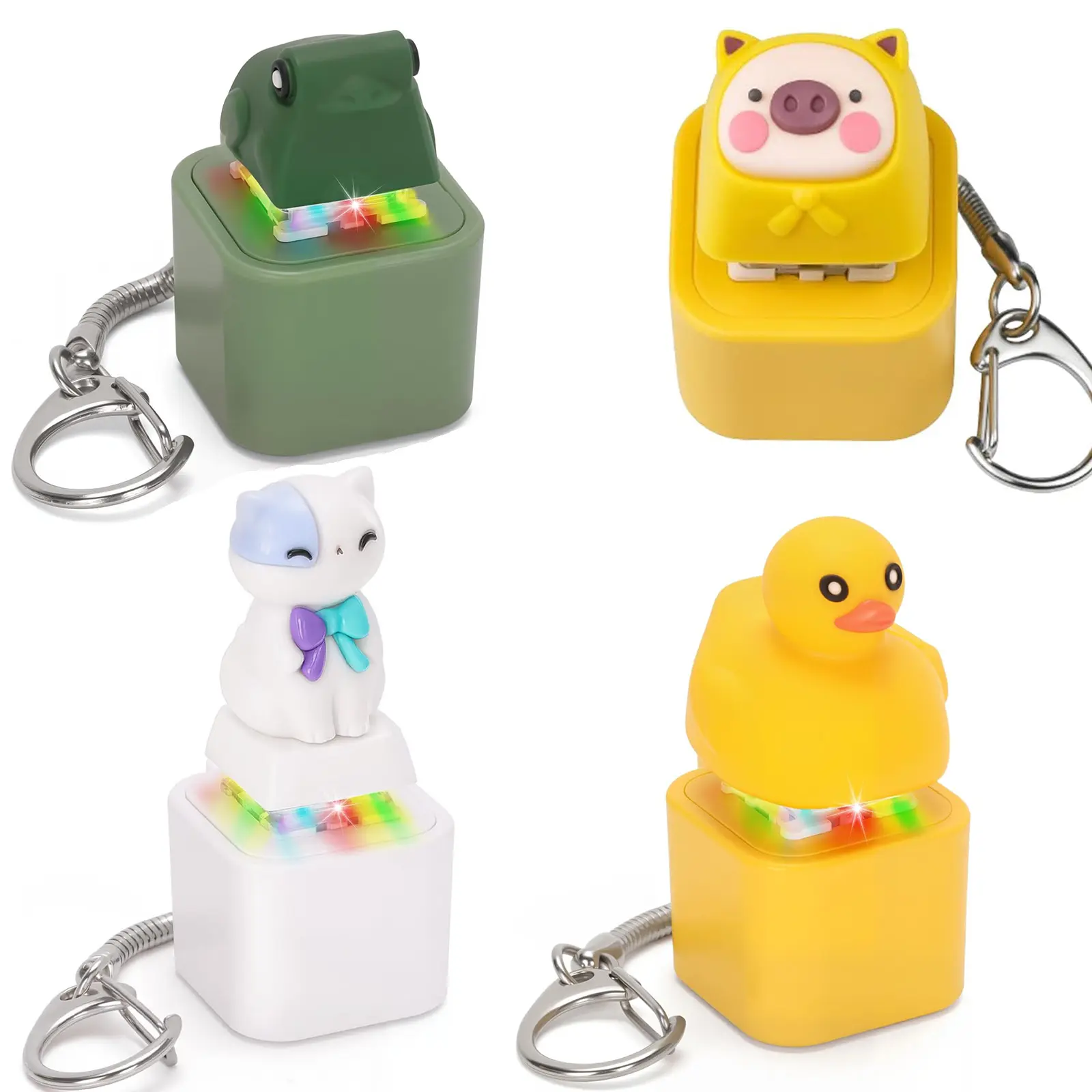 4Pcs Rechargeable LED Click Glow Keyboard Fidget Toy Keychain Accessories with Cute Animal Charms - Quacking Duck, Croaking Frog, Meowing Cat, Oinking Pig - Unisex Abs Cute Accessories for Neurodivergent Kids, Anxiety Reduction, Sensory Stress Relief