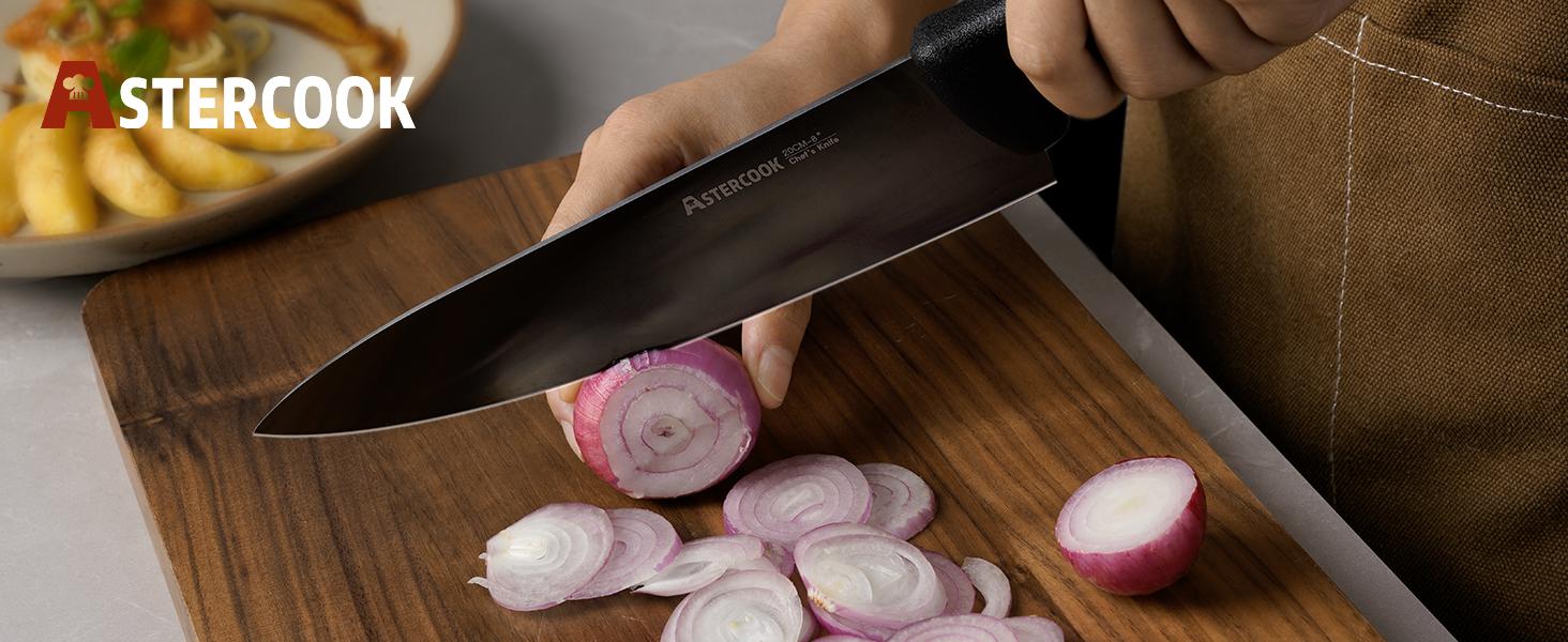 Astercook Chef Knife - 8 Inch High Carbon German Stainless Steel Ultra Sharp Blade Rustproof Ergonomic Wooden Handle Knives block Kitchen Box Cutting
