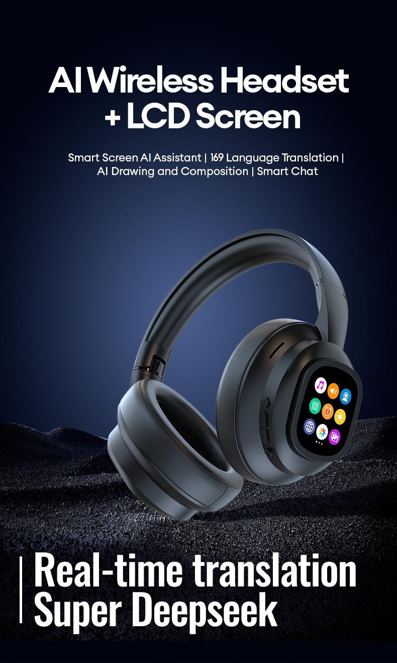 HYUNDAI X1 Pro Wireless Headphones with Detachable Full Color LCD Touch Screen Support 169 Languages Bluetooth Translation Function AI Assistant & Smart Chat