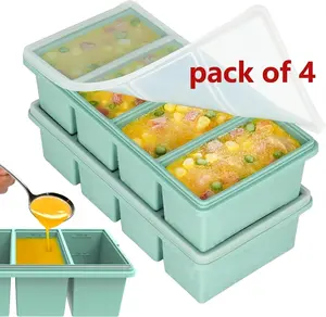 4 Pack Silicone Freezer Trays with Lids, 1-Cup Soup Container Style Ice Cube Trays for Freezer - Leakproof, Dishwasher,Oven Safe, Stackable, Ideal for Frozen Broth, Leftovers & Meal Prep, BPA Free