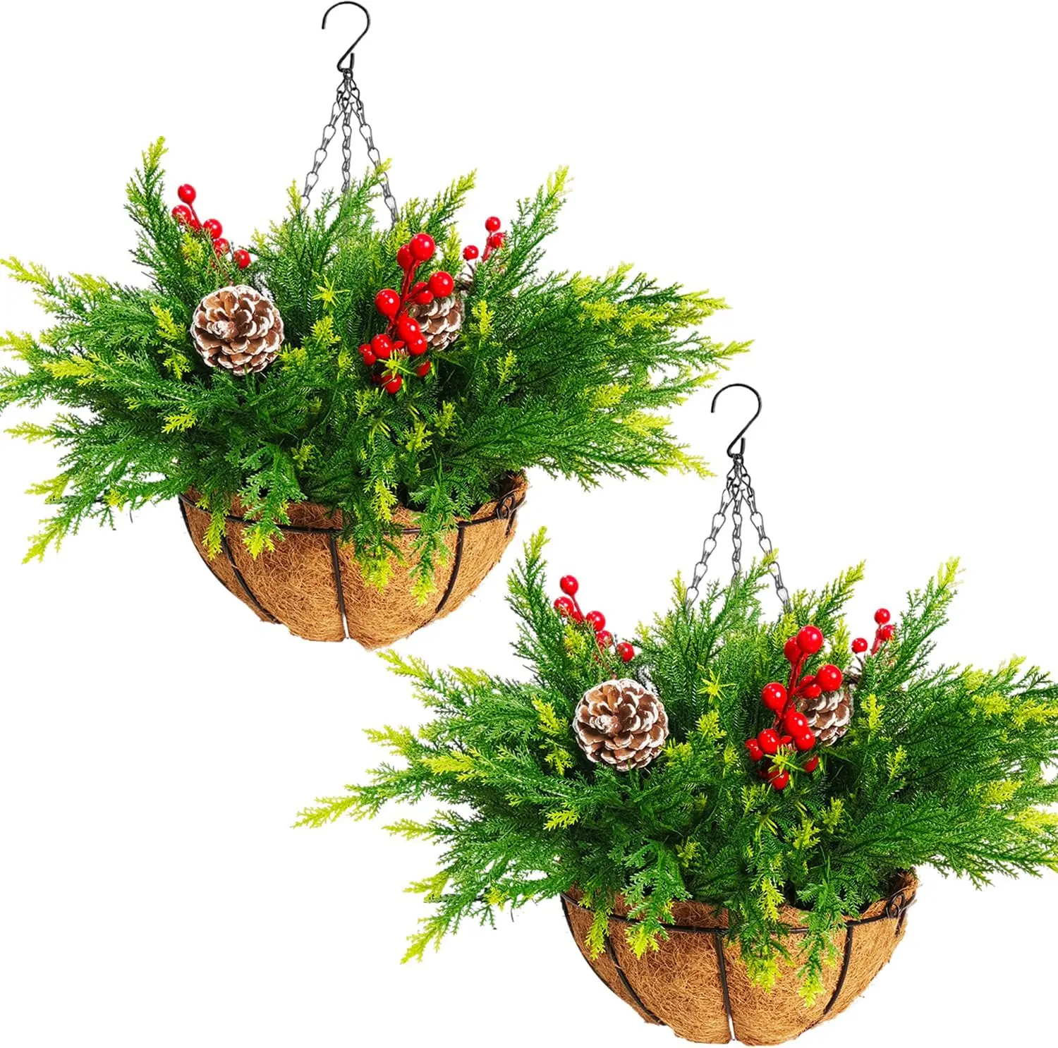 2Pcs Artificial Christmas Hanging Basket Outdoor Pine Cones Berry | Fake Hanging Plants Simulated Pine Cypress Plants Xmas Baskets for Outdoor Decor