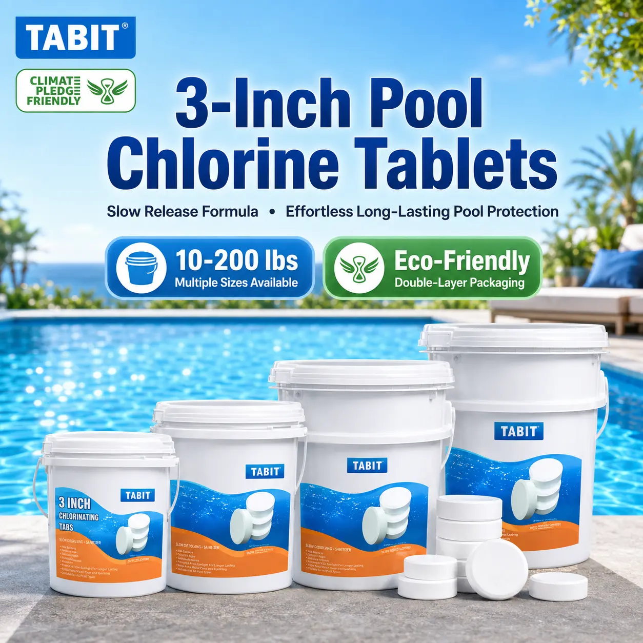TABIT 3-In Cylinder Pool Cleaning Chlorine Tablets, UV Protected Slow-Dissolve Tabs (71 per Bucket) - Maintains Clean Sanitized Water, Kills Harmful Contaminants, Easy-to-Use for Pools, Spa & Hot Tub, Sanitizer