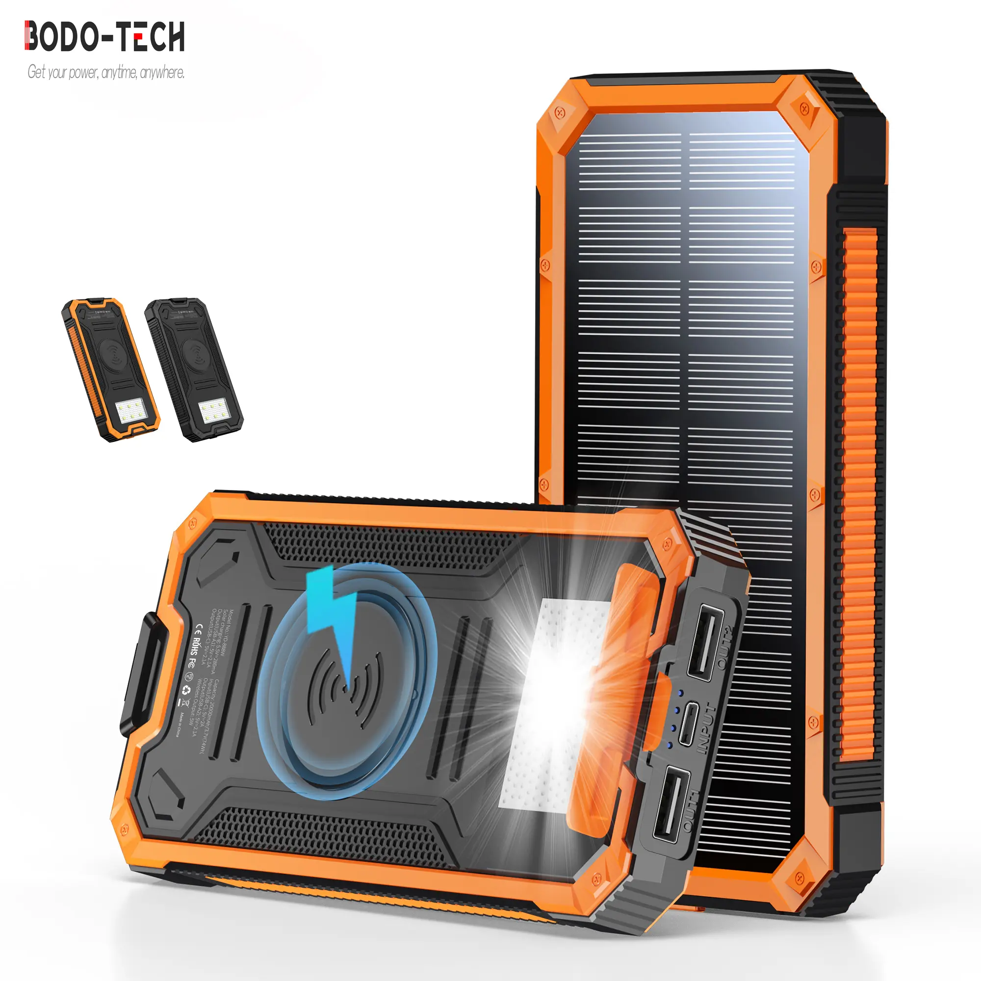 Bodo-Tech 20000mAh Portable Wireless Power Bank with Solar Charger Dual USB-A Outputs & 1 USB-C Input External Battery Pack LED Flashlight for SmartPhone Chargeable