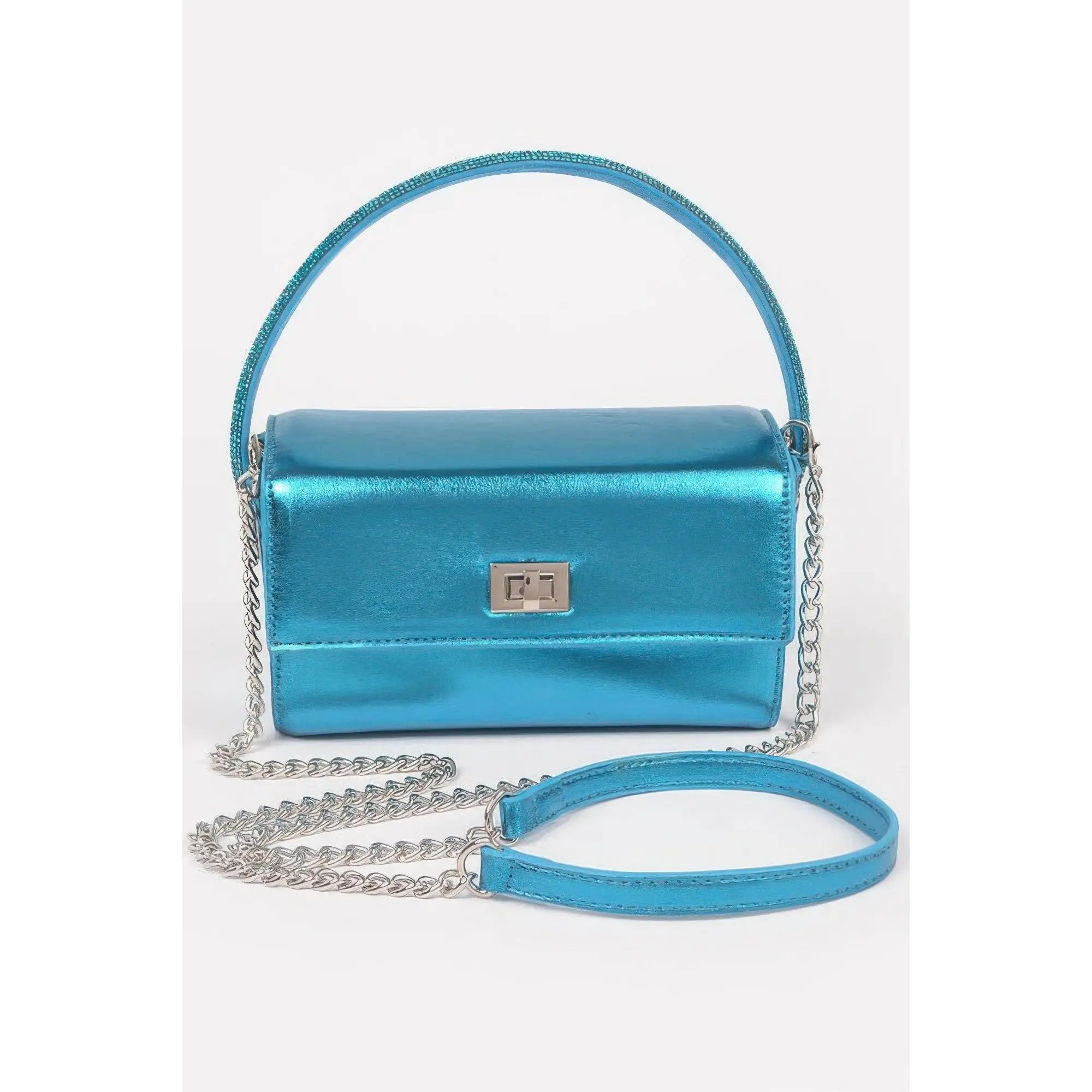 Women's Metallic Lightweight Structured Top Handle Handbag Purse - Polished Mixed Metal Accents, Subtle Curves, Futuristic Edge, Ideal for Evening, Party Events