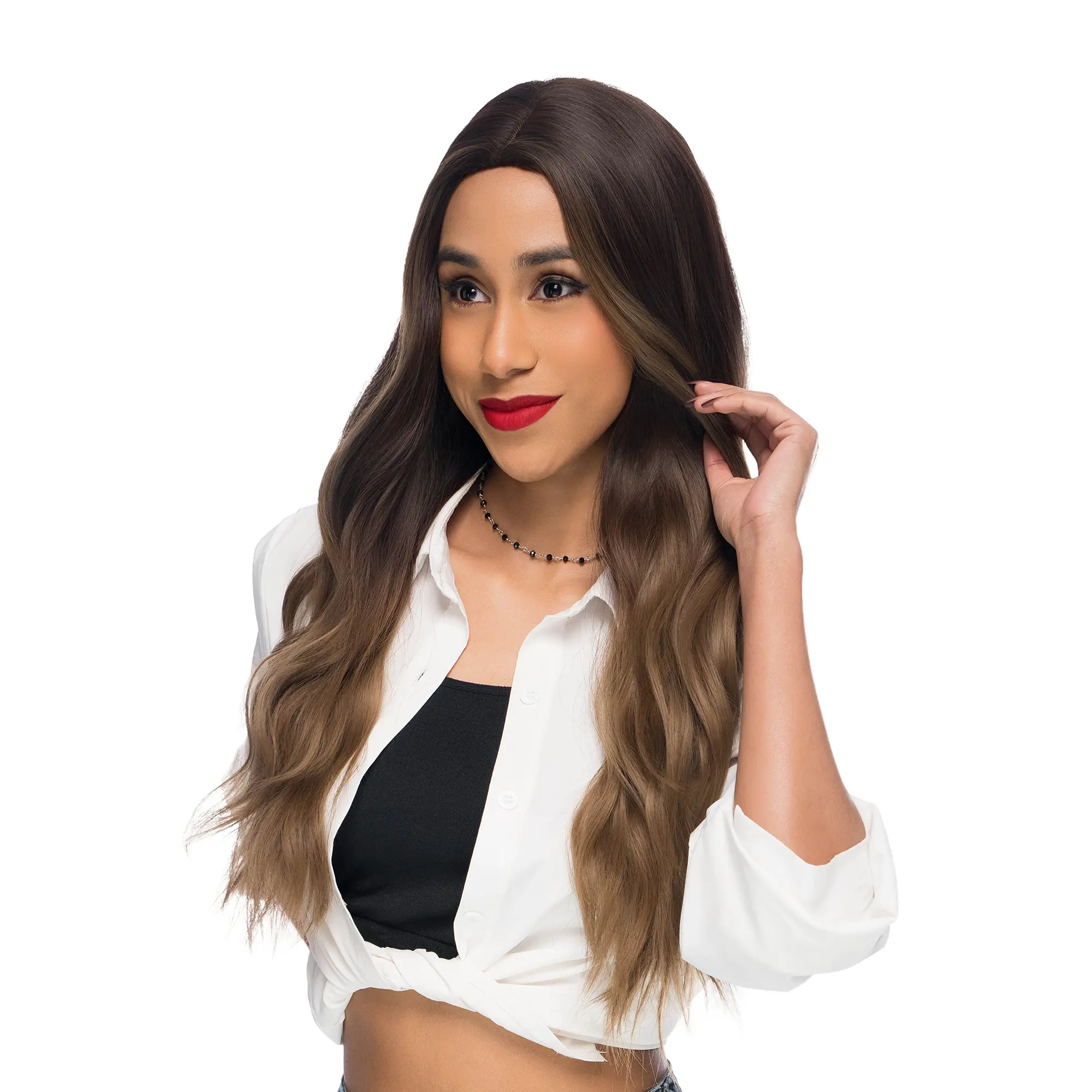 26-Inch Brown Sombre (Dark Roots) Gently Wavy Synthetic Wig | 【Heat Resistant】【Cap Included】 | 51FSGB