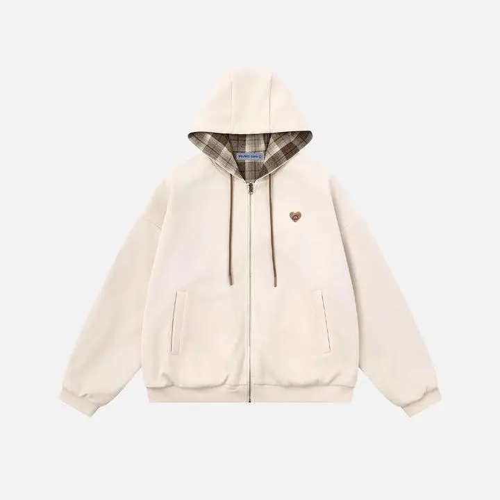 Aelfric Eden Boxy Reversible Plaid Zip Up Hoodie Boxy Oversized Fit Reversible Design Plaid Lined Hood & Drawstrings Soft Knit Fabric Retro Streetwear Unisex Outerwear