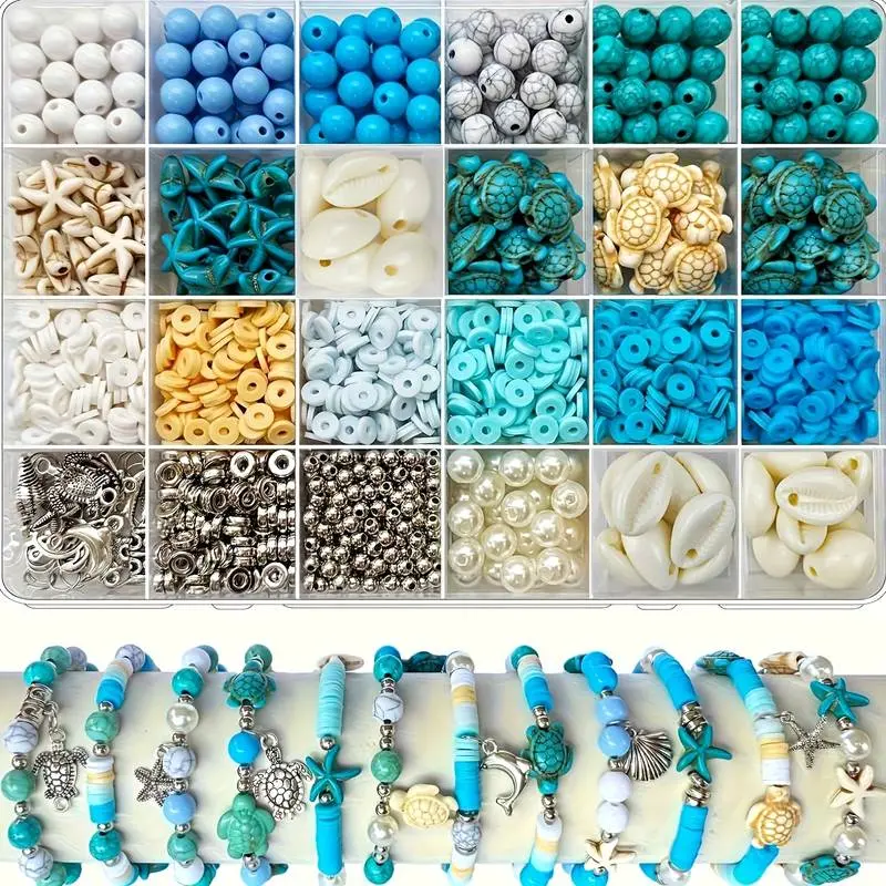 1860Pcs Ocean Beads for Bracelets Making Kit, Blue and White Summer Beach Bead for Jewelry Making, Sea Turtle Shell Starfish Shape Beads 8mm Round Cly Bead for DIY Craft Bracelets Earring