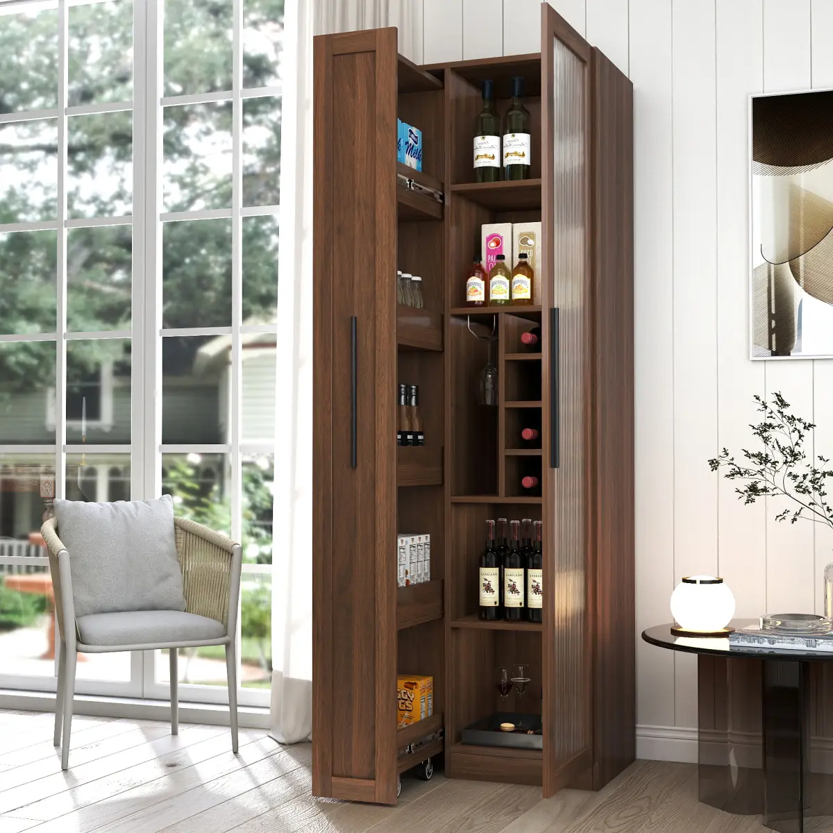 [Bellemave] Kitchen Pantry Cabinet with Multi-Functional Pull-Out Multi-Tier Storage Shelf,Farmhouse Storage Cabinet with Glass Doors,Pantry Organizers for Kitchen, Bar Cabinet,Dining Room